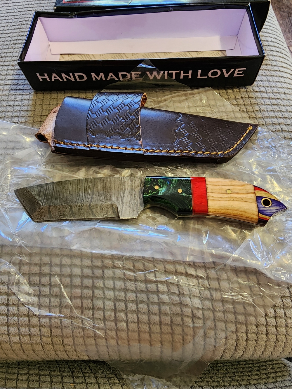 Handmade Damascus Steel Tanto Blade with Multicolor Wood Handle
